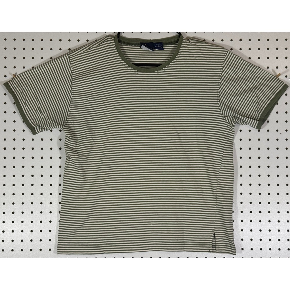 Lizsport Petite Womens Medium T-Shirt Olive Green Striped Cotton Short Sleeve